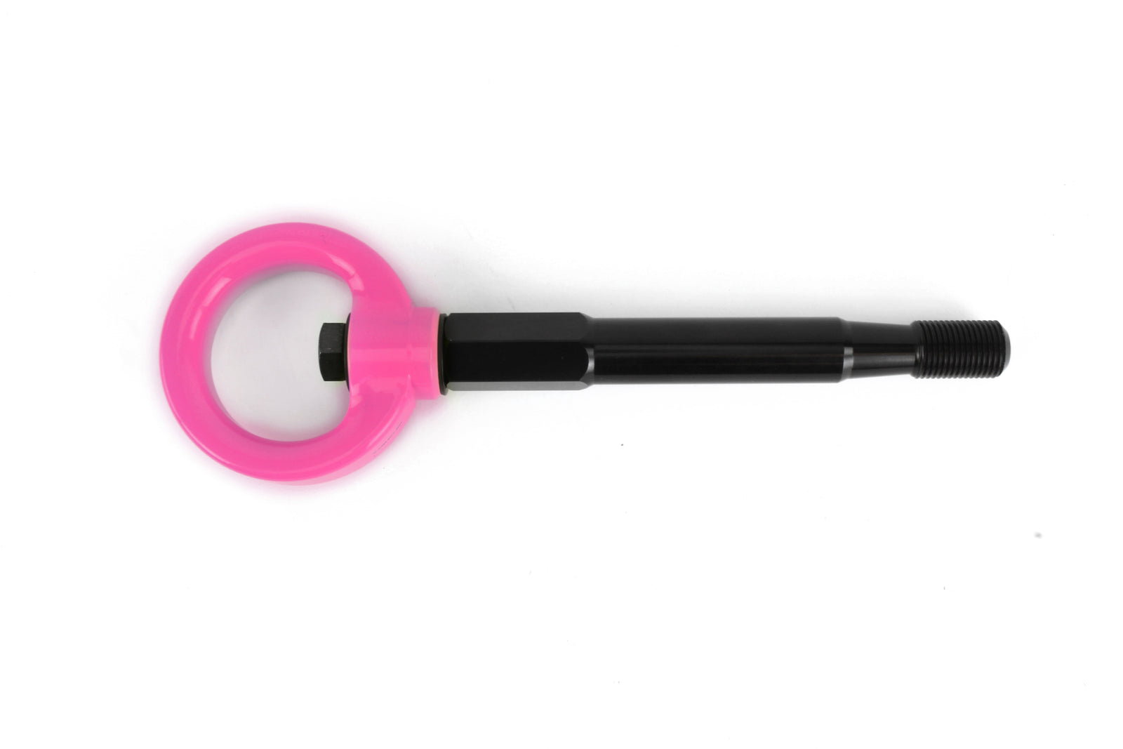 Rear tow hook for 2022-2025 WRX and Crosstrek, featuring a pink ring and black threaded shaft for durability.