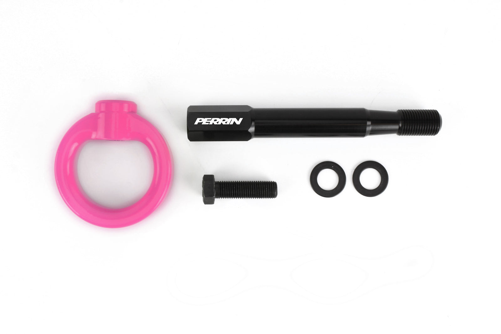 Perrin rear tow hook kit for 2022-2025 WRX and Crosstrek, includes pink tow ring, bolt, and washers.