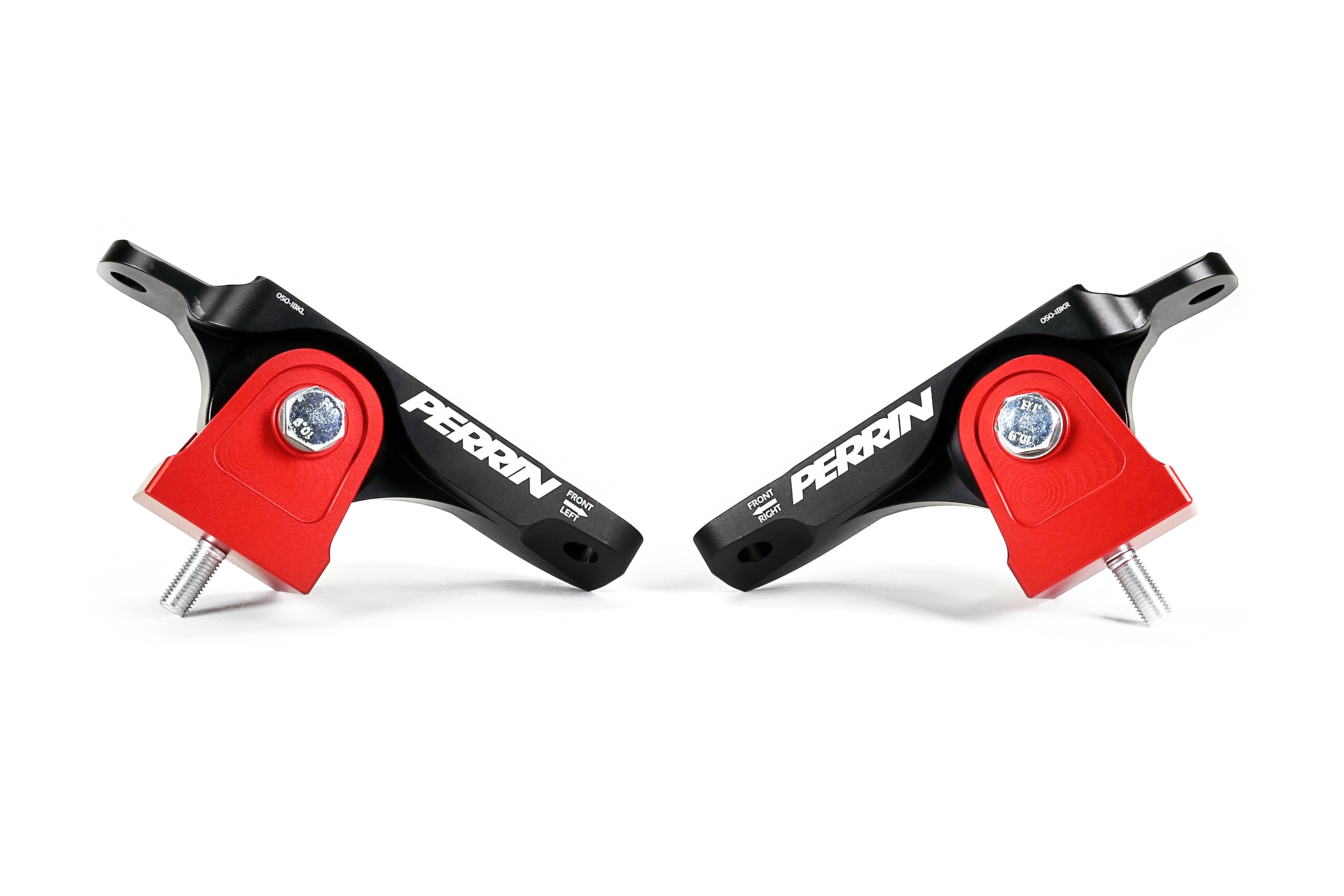 PERRIN Engine Mounts in black billet aluminum with red anodized mounting bases and black bushings.