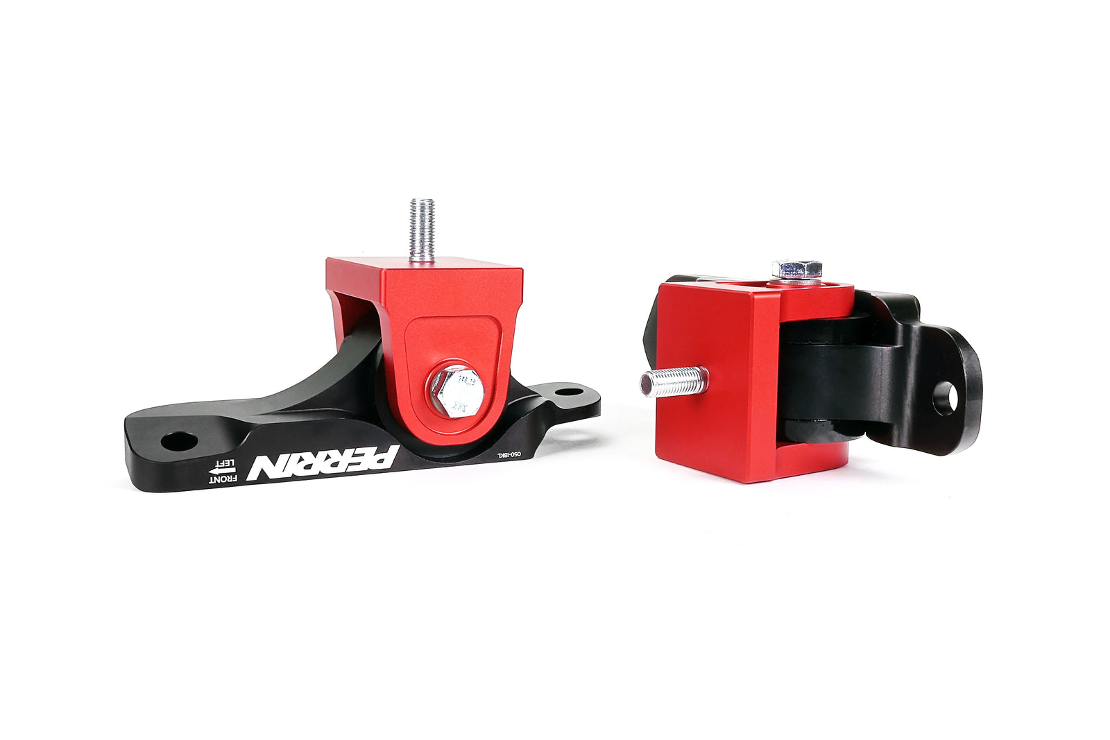 PERRIN Engine Mounts in black billet aluminum with red anodized mounting bases and black bushings.
