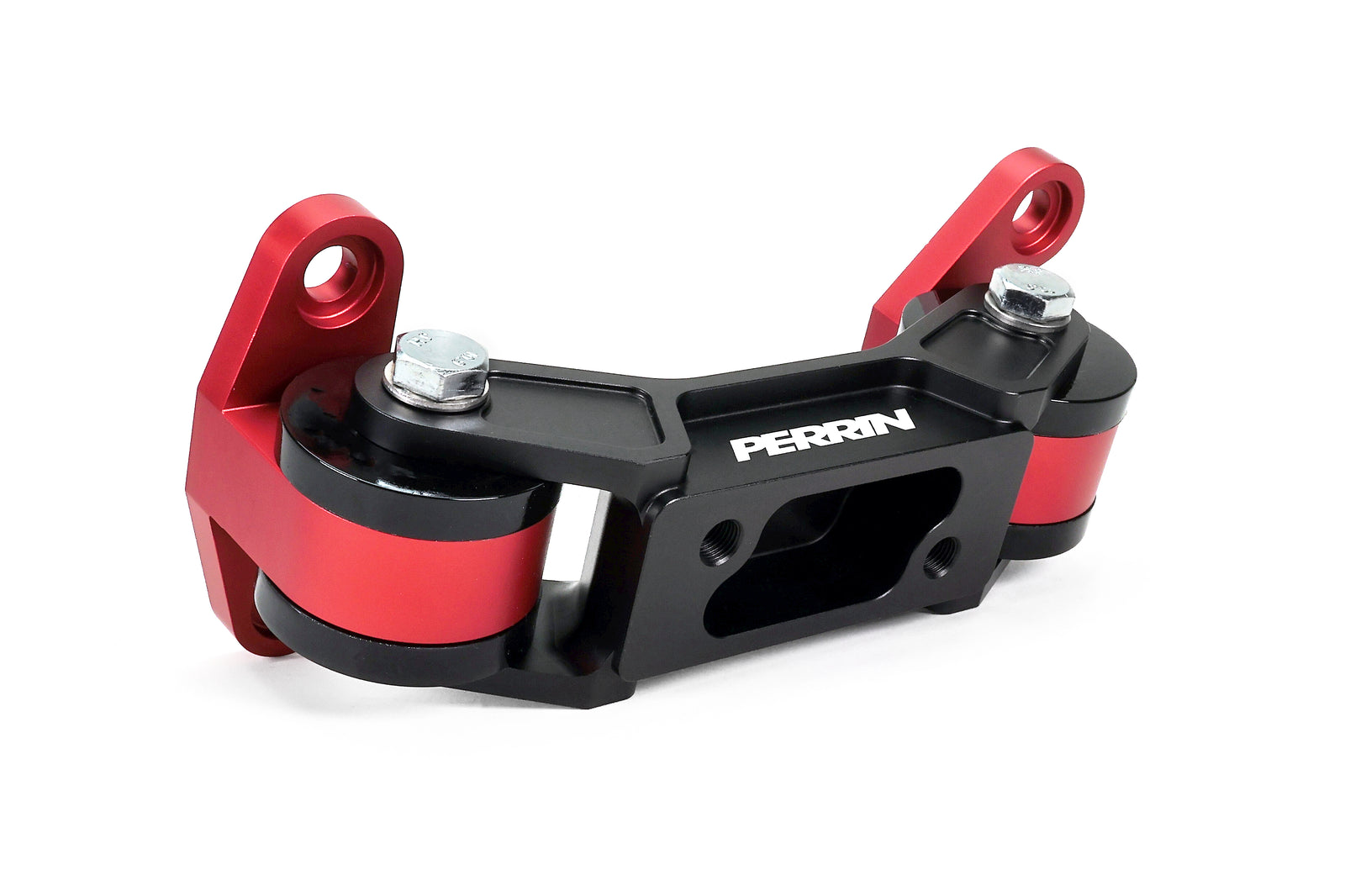 PERRIN Transmission Mount in black billet aluminum with red anodized mounting bases and black bushings