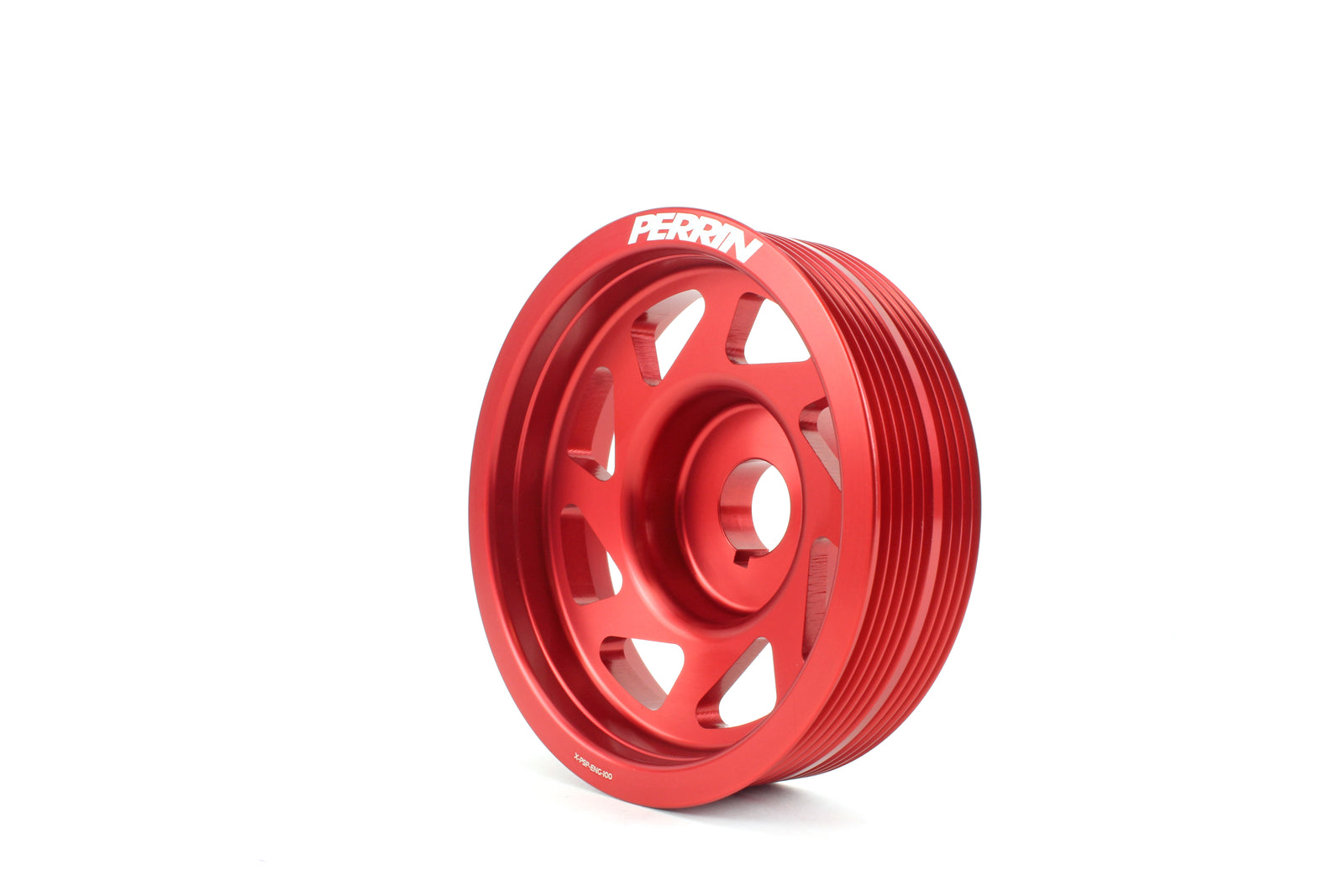 Lightweight red crank pulley designed for 2002-2014 Subaru WRX, STI, Outback, Forester, Legacy, and Impreza.