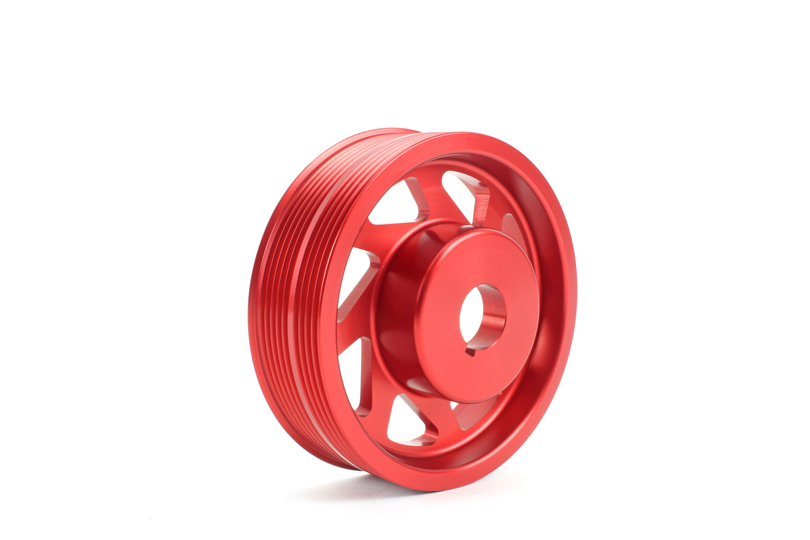 Lightweight red crank pulley designed for 2002-2014 Subaru WRX, STI, Outback, Forester, Legacy, and Impreza models.