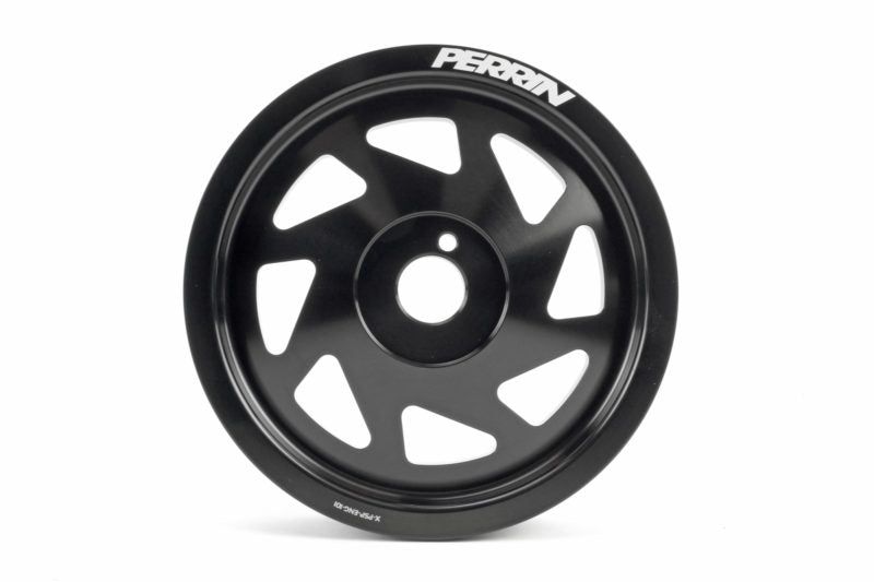 Lightweight crank pulley for WRX/STI featuring a sleek black finish and a unique spoke design for enhanced performance.