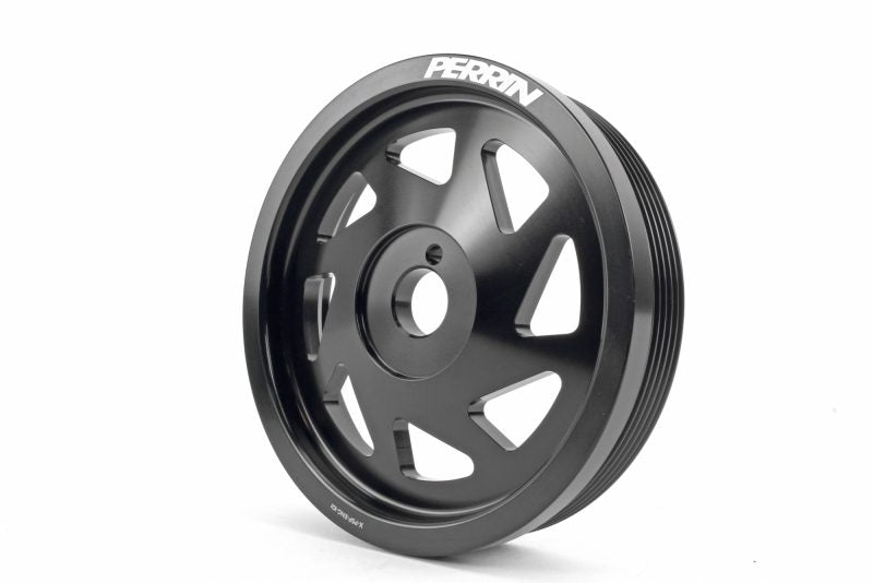 Lightweight crank pulley for WRX/STI, featuring a sleek black finish and a multi-spoke design for improved performance.