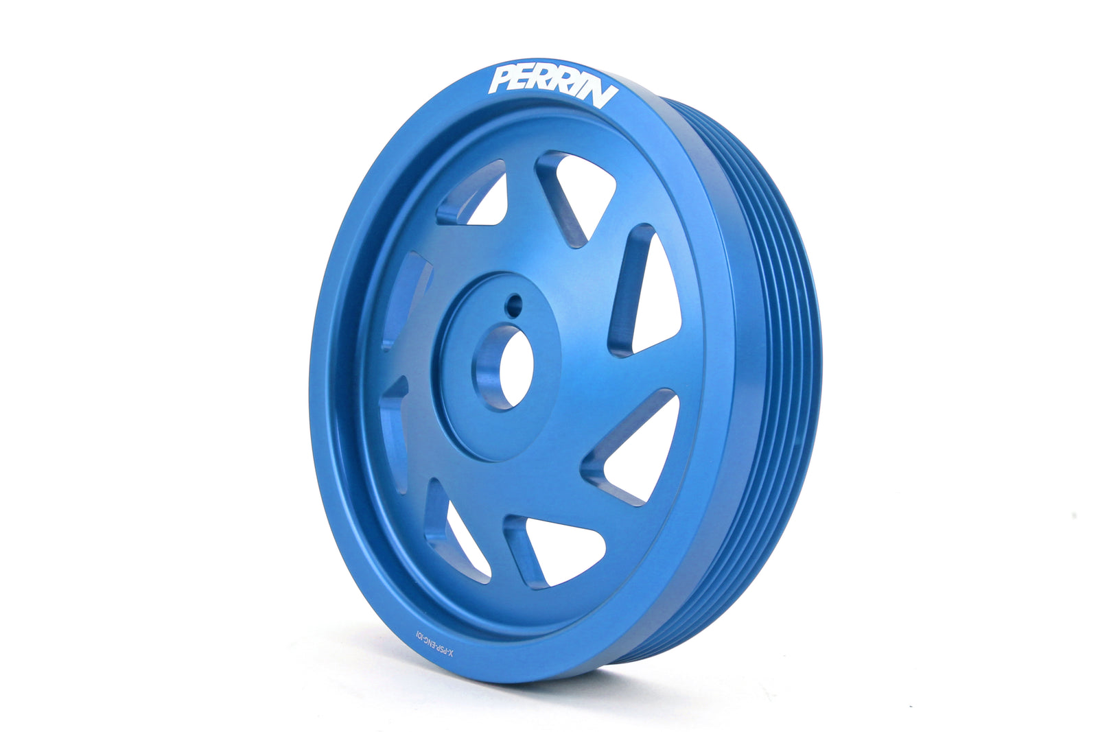 Lightweight blue crank pulley designed for 2015-2018 Subaru WRX, BRZ, FR-S, 86, Outback, Legacy, Forester, and Crosstrek.