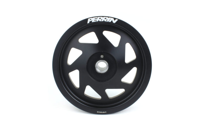 Lightweight crank pulley for Subaru Outback, featuring a sleek black finish and a multi-spoke design.