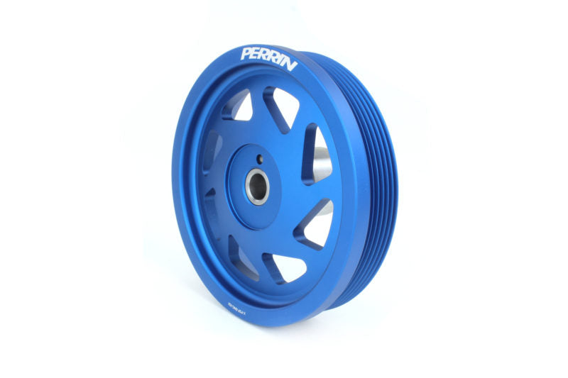 Lightweight blue crank pulley for Subaru Impreza, featuring a sleek design and multiple spokes for performance enhancement.