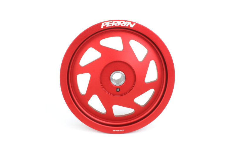 Lightweight red crank pulley for Subaru Outback, featuring a sleek design with cutouts for reduced weight.