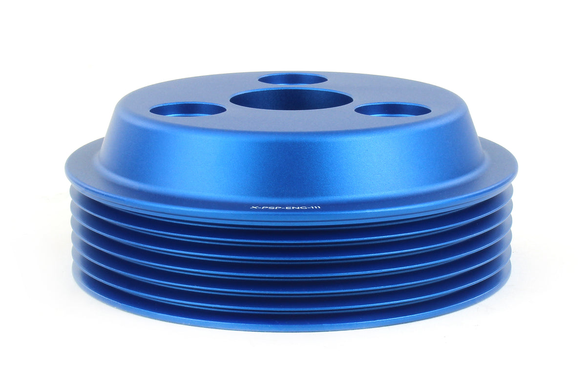 Blue water pump pulley designed for 2022-2025 Subaru WRX, Outback, Forester XT, Impreza, and Crosstrek models.