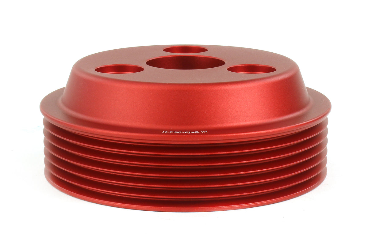 Red water pump pulley designed for 2022-2025 Subaru WRX, Outback, Forester XT, Impreza, and Crosstrek models.