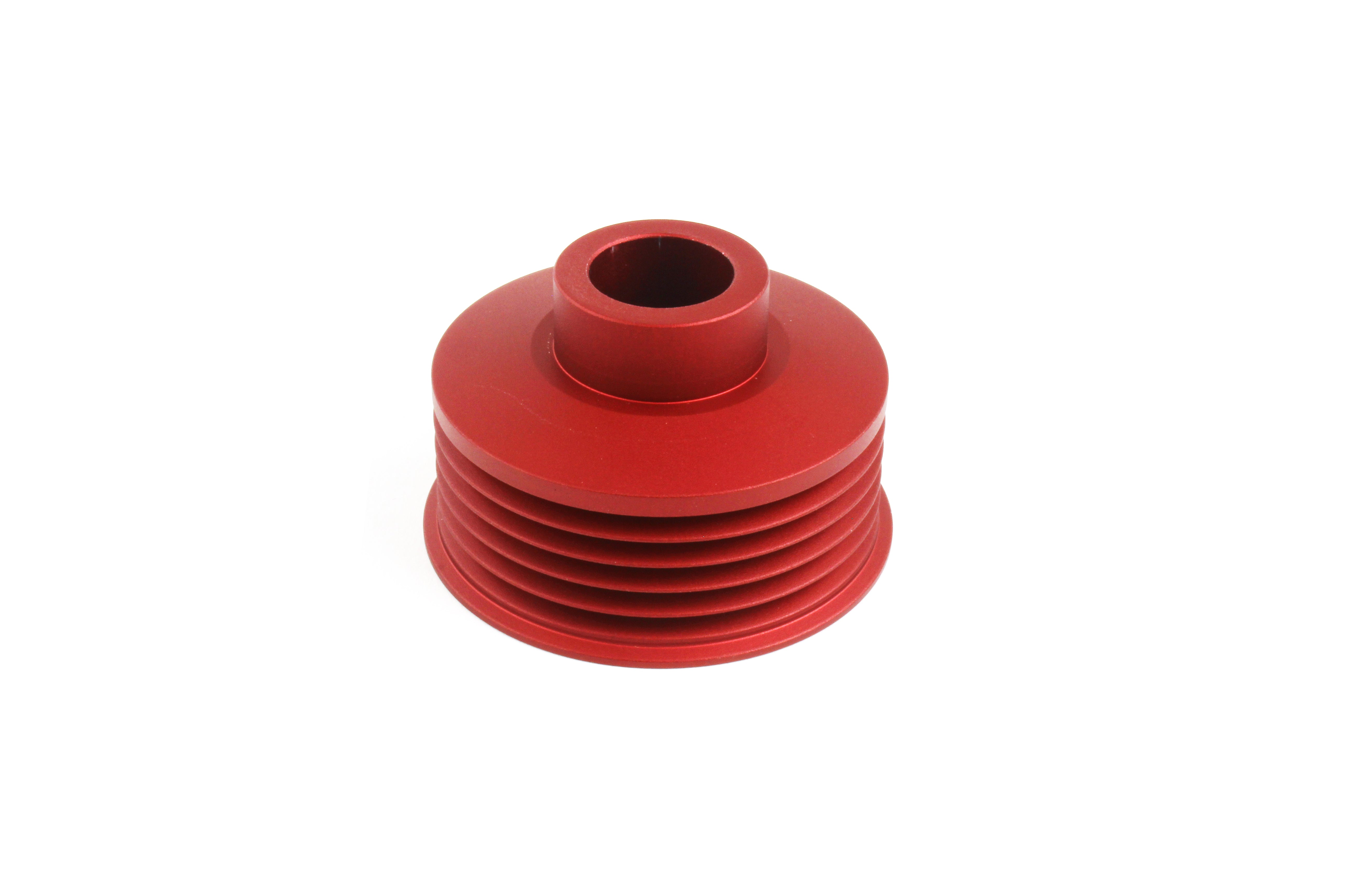 Red alternator pulley designed for 2006-2014 Subaru WRX, STI, Outback XT, and Legacy GT performance upgrades.