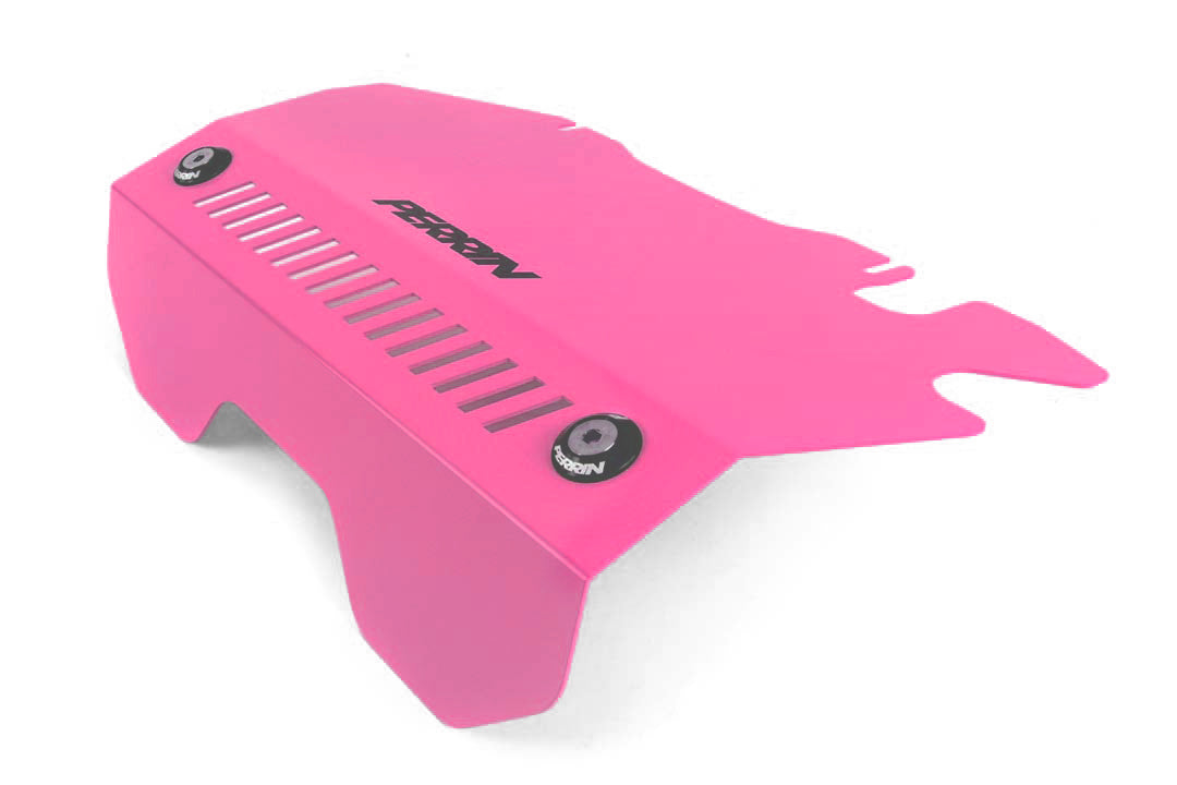 Perrin pulley cover for 2015-2021 WRX in vibrant pink, designed for enhanced engine aesthetics and protection.