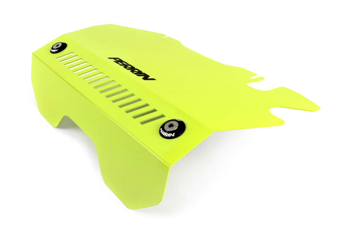 Bright yellow pulley cover for 2015-2021 WRX, featuring ventilation slots and Perrin branding for enhanced performance.