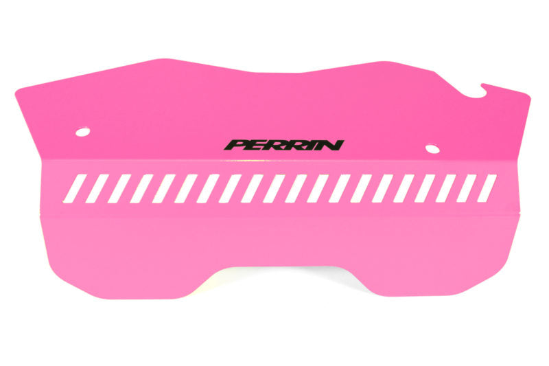 Pink pulley cover for 2022-2025 WRX, featuring ventilation slots and the Perrin logo for enhanced engine aesthetics.