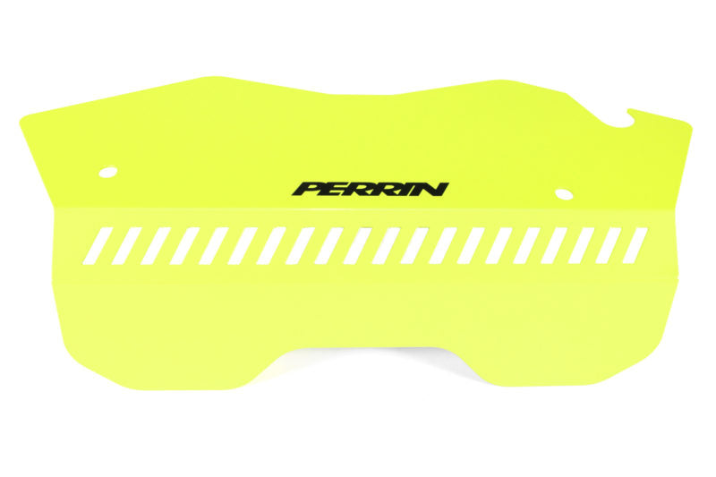 Bright yellow pulley cover designed for 2022-2025 WRX, featuring ventilation slots and Perrin branding.