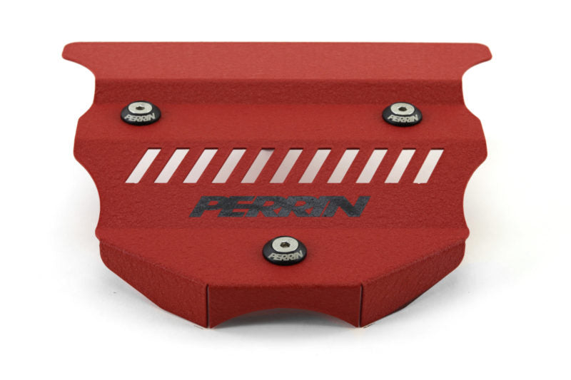 Red engine cover for BRZ/GR86 featuring a sleek design and PERRIN branding, enhancing engine aesthetics.