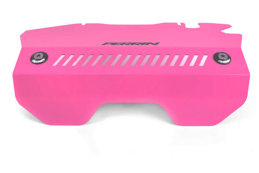 Perrin intercooler shroud for 2015-2021 WRX in vibrant pink, designed for enhanced performance and aesthetics.