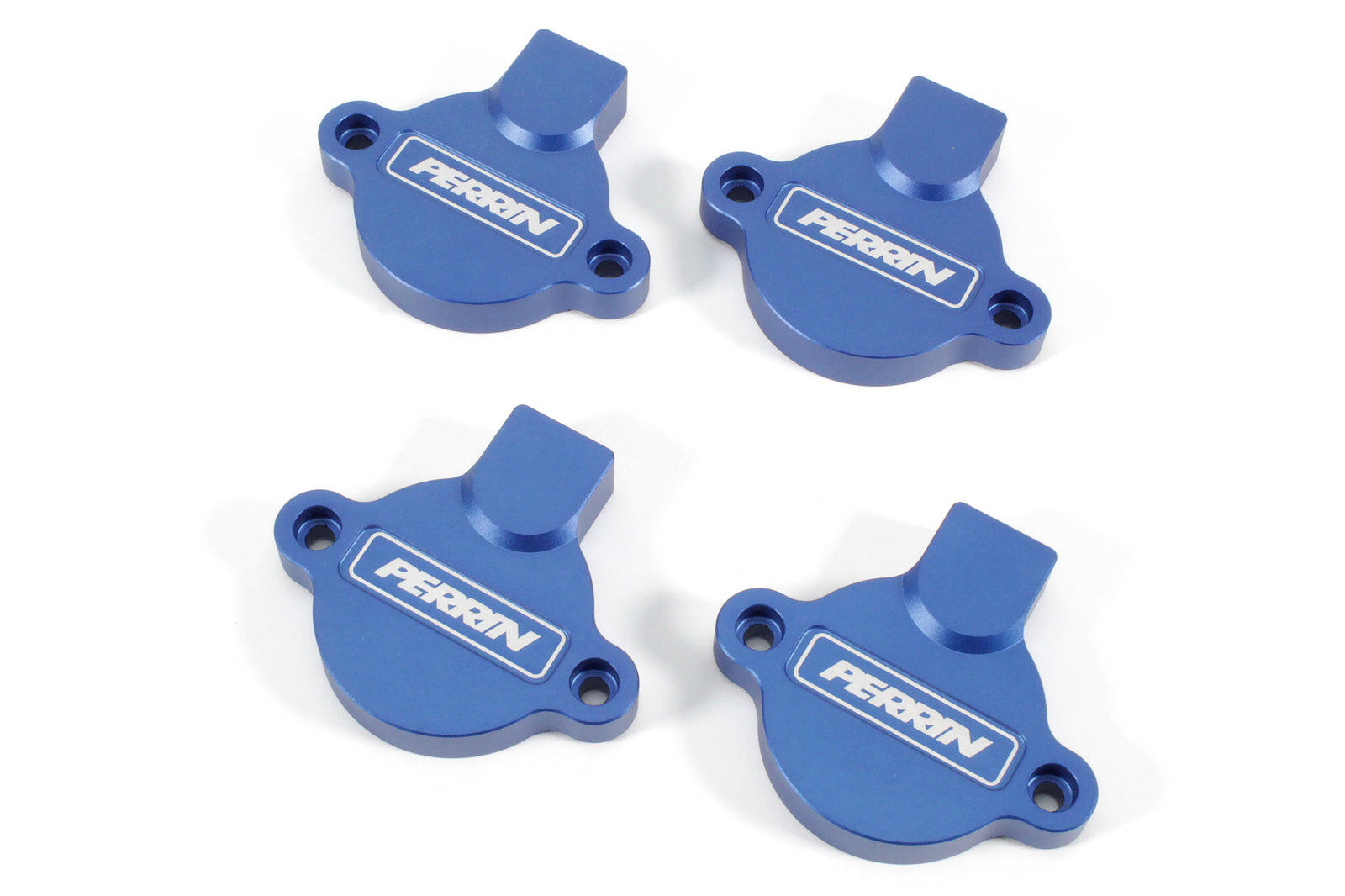Blue aluminum cam solenoid covers for WRX, featuring a sleek design and engraved logo, set of four pieces.