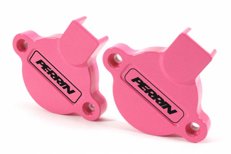 Perrin pink cam solenoid cover set for WRX, featuring a sleek design and logo for enhanced engine aesthetics.