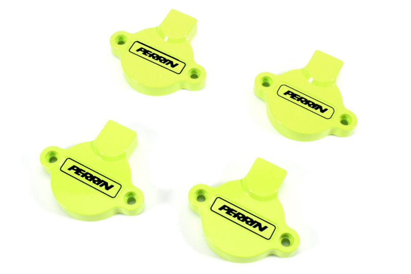 Bright yellow Cam Solenoid Covers for WRX, featuring the Perrin logo, designed for enhanced engine aesthetics and protection.