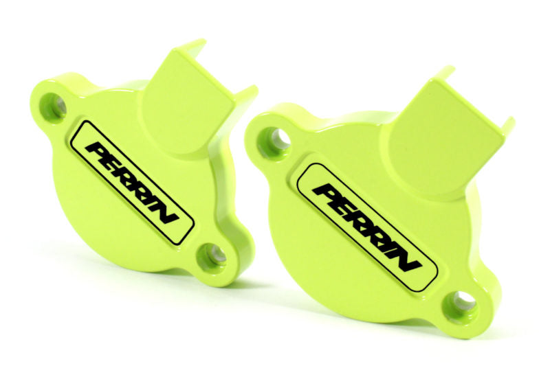 Bright green Cam Solenoid Covers for WRX with Perrin branding, designed for enhanced engine aesthetics and performance.