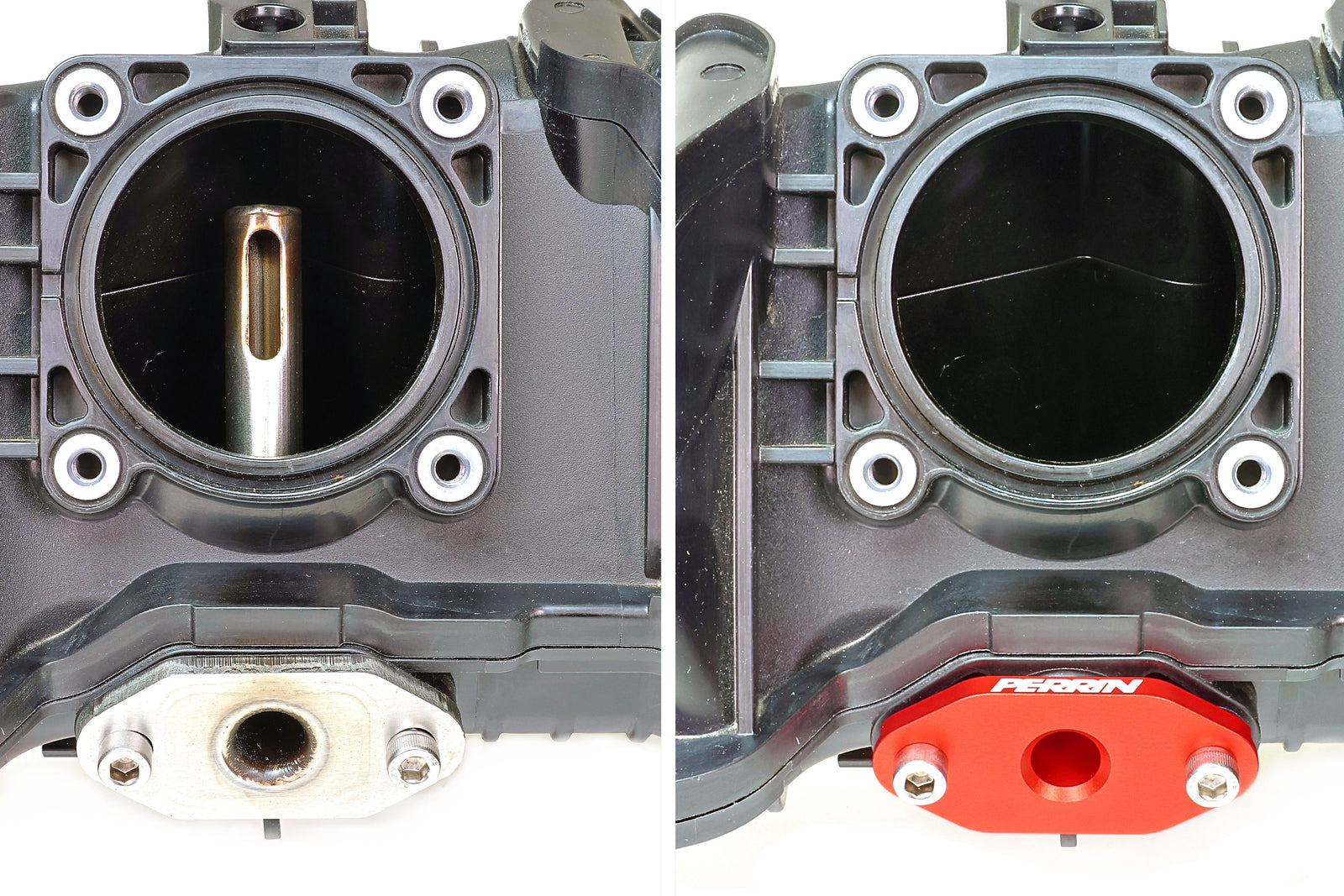 PERRIN Low Profile Intake Return Nozzle for Subaru, red anodized aluminum performance part.