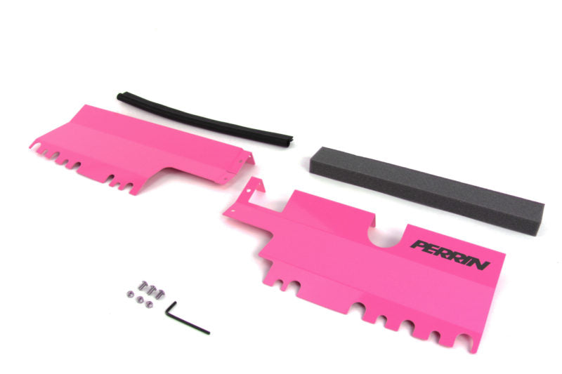 Perrin radiator shroud for 2015-2021 WRX/STI, featuring a pink finish, foam strip, and installation hardware.