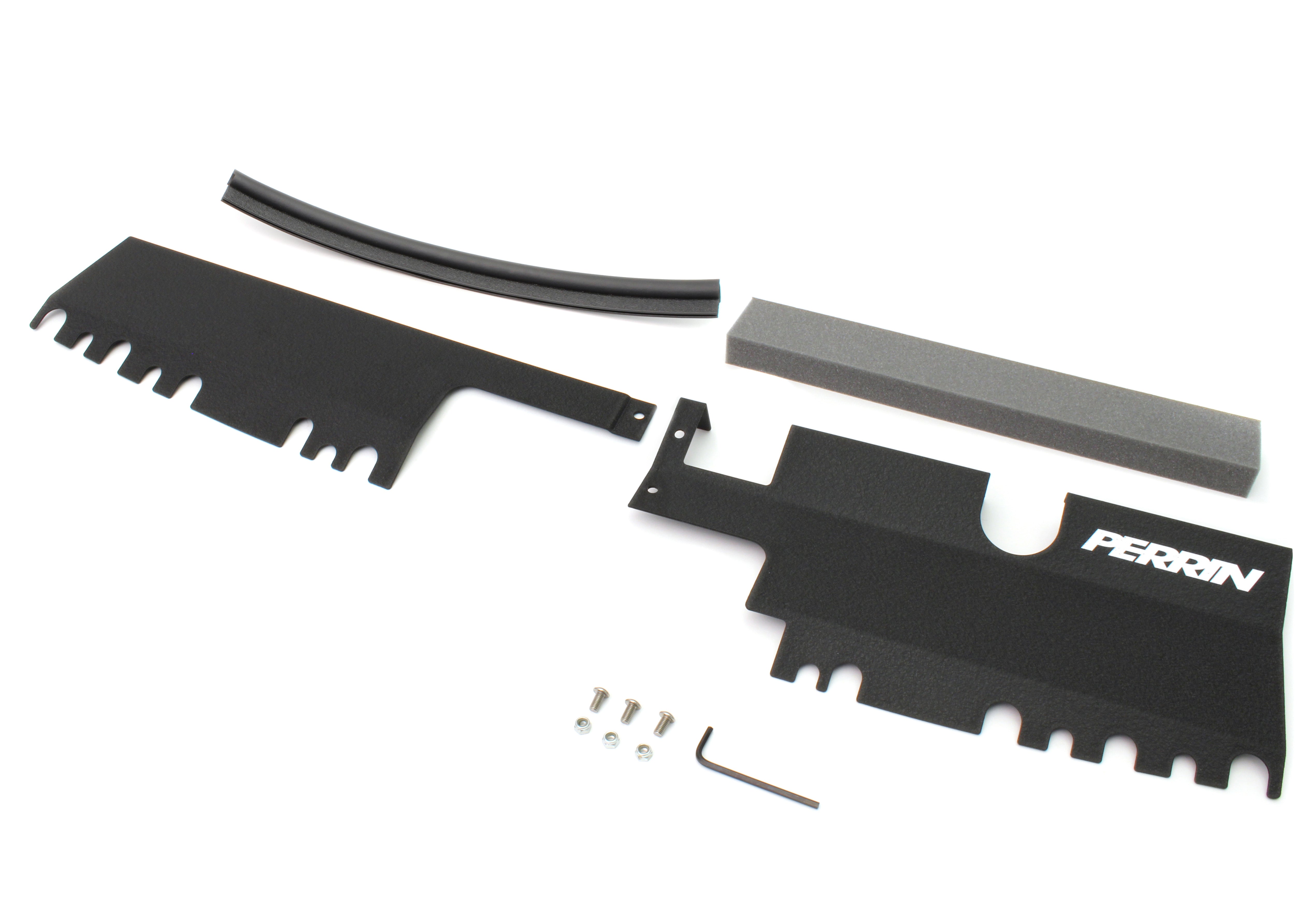 PERRIN radiator shroud for 2015-2021 WRX/STI, includes shroud pieces, foam seal, and installation hardware.