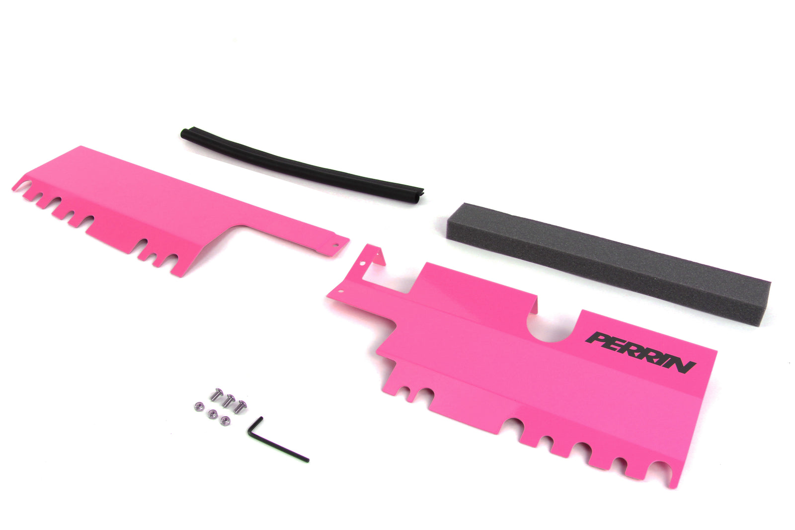 Radiator shroud kit for 2015-2021 WRX/STI featuring pink panels, foam seal, and installation hardware.