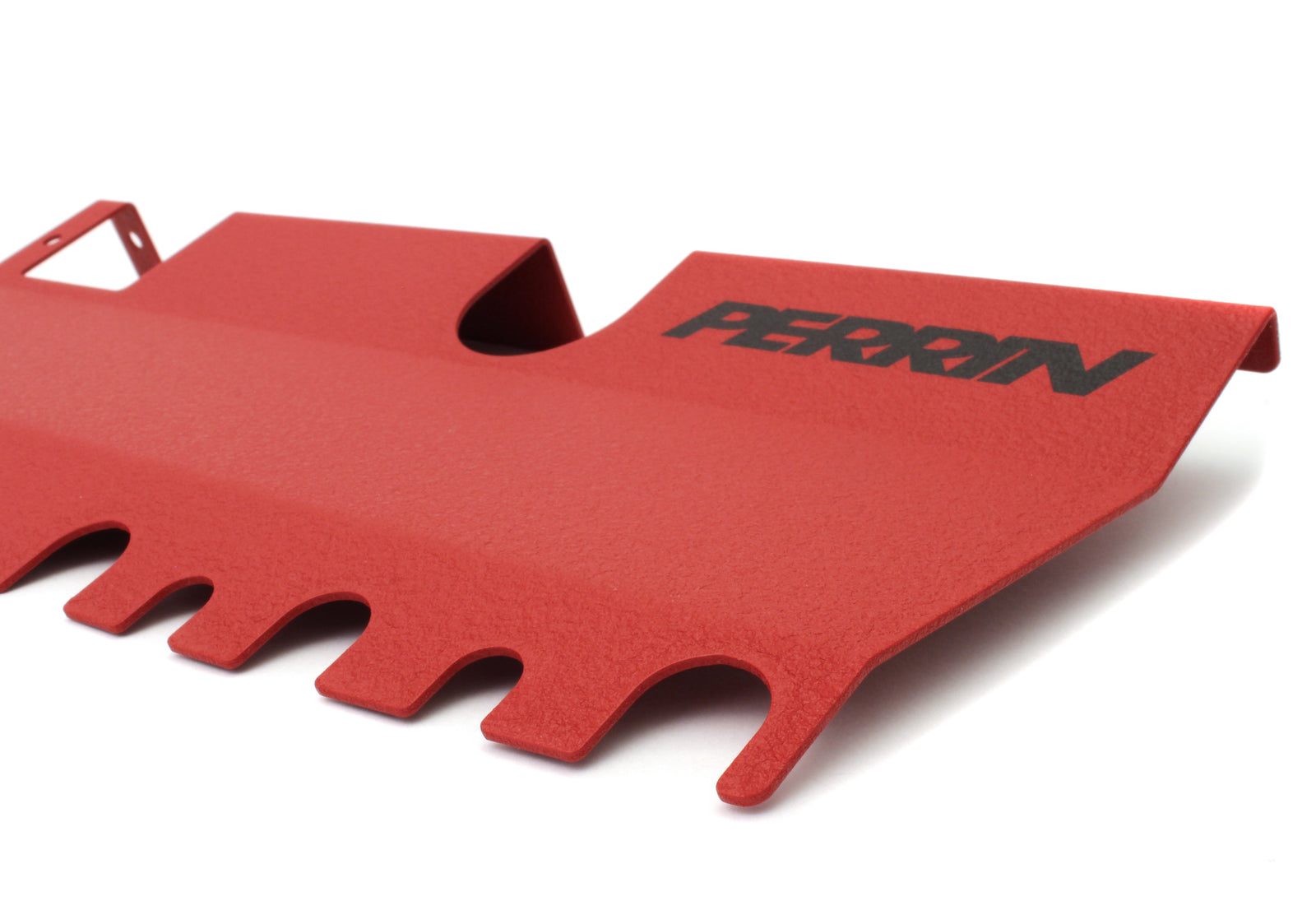 Radiator shroud for 2015-2021 WRX/STI in red, featuring a textured finish and Perrin branding for enhanced performance.