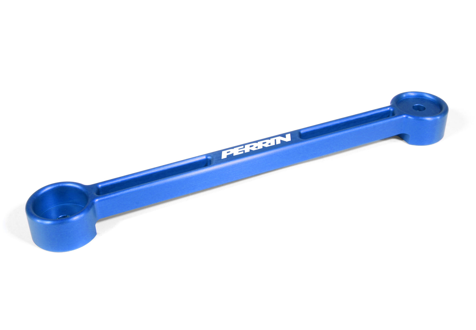 Blue aluminum battery tie down by Perrin, designed for secure battery mounting in performance vehicles.
