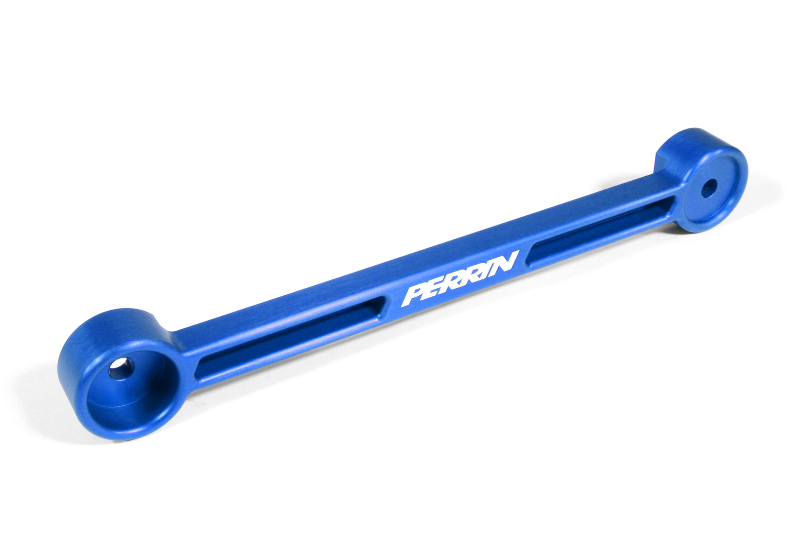 Blue aluminum battery tie down from Perrin, designed for secure battery mounting in performance vehicles.