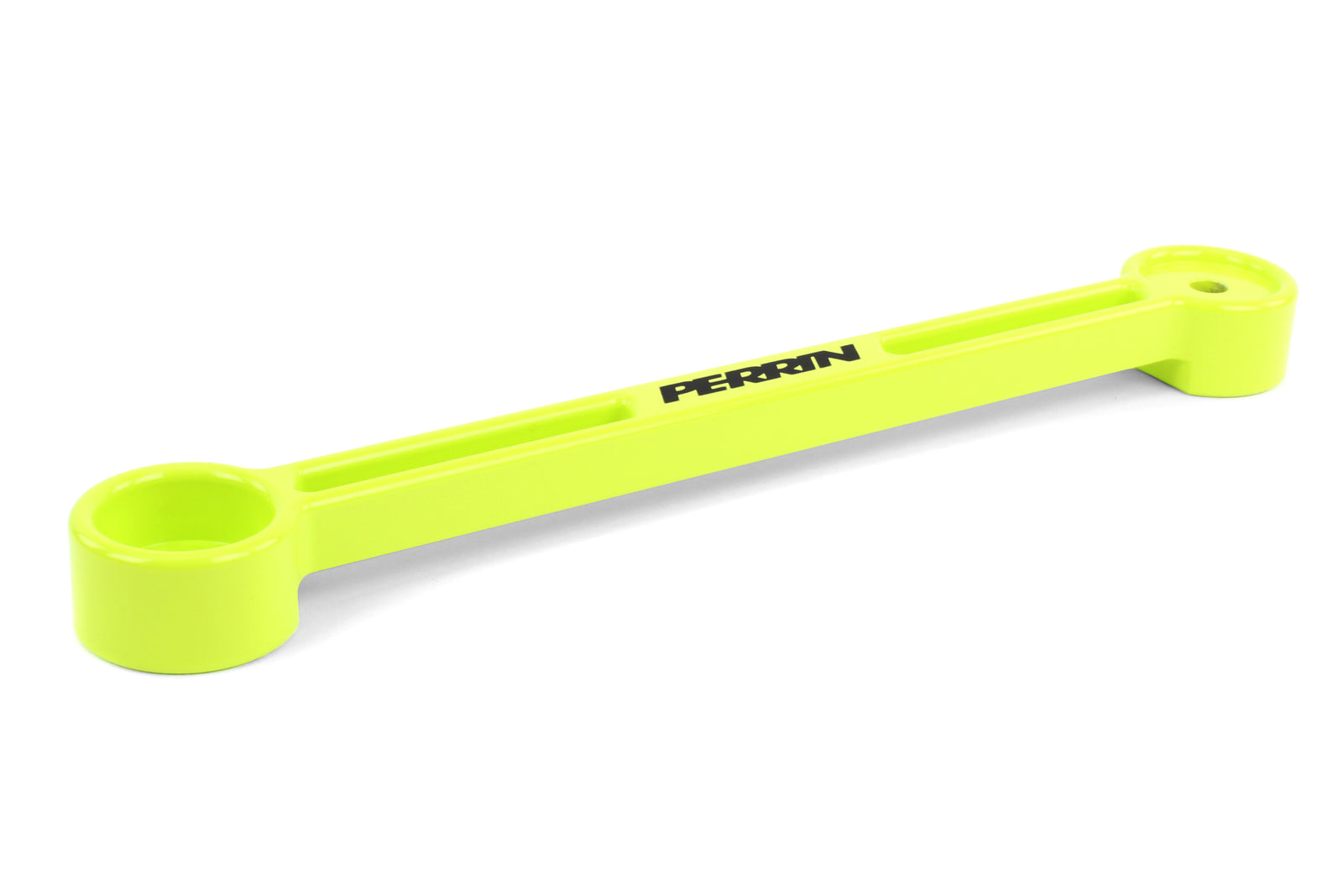 Perrin battery tie down in bright yellow, designed for securing batteries in performance vehicles.