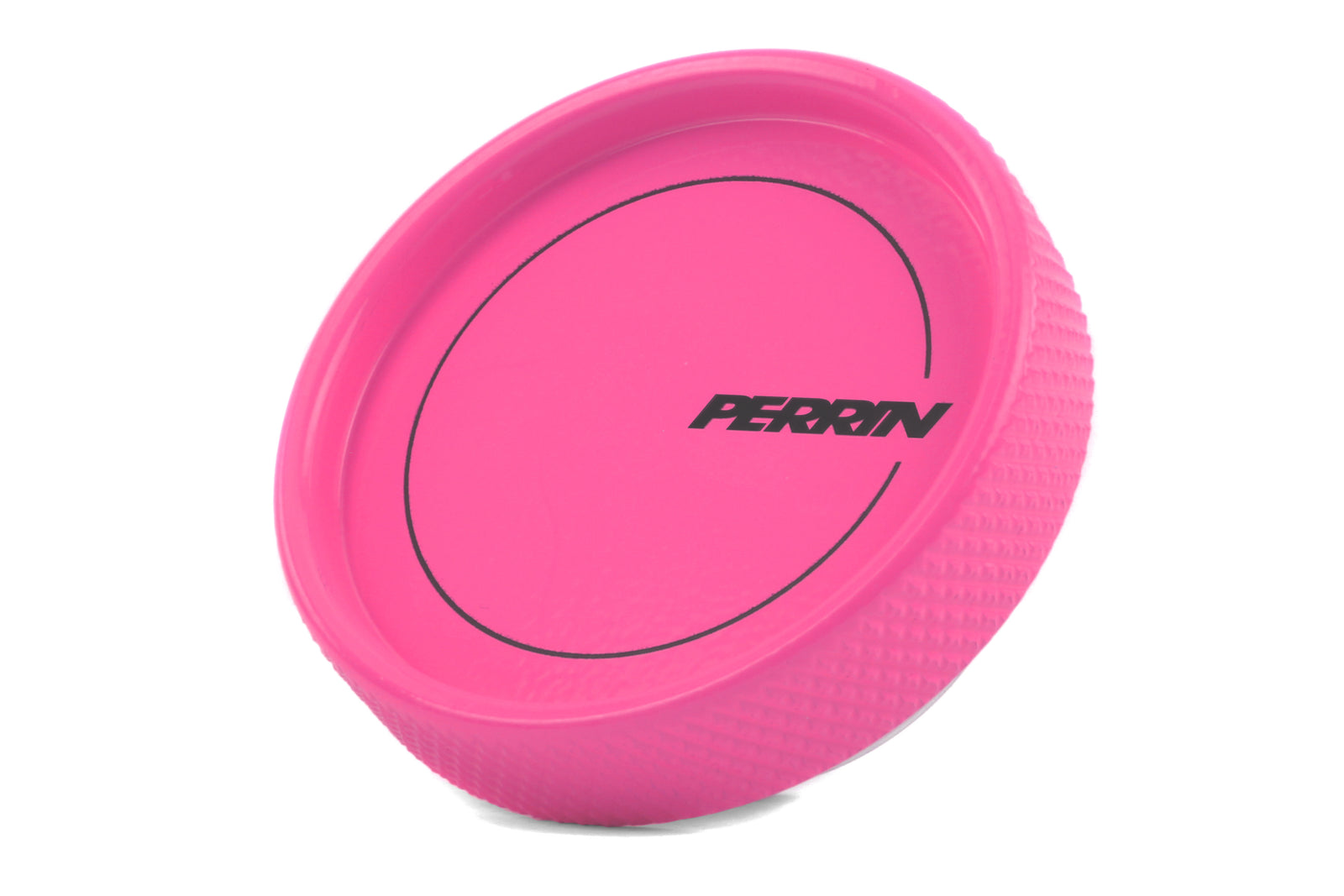 Perrin pink oil fill cap designed for performance vehicles, featuring a textured grip and logo for easy handling.