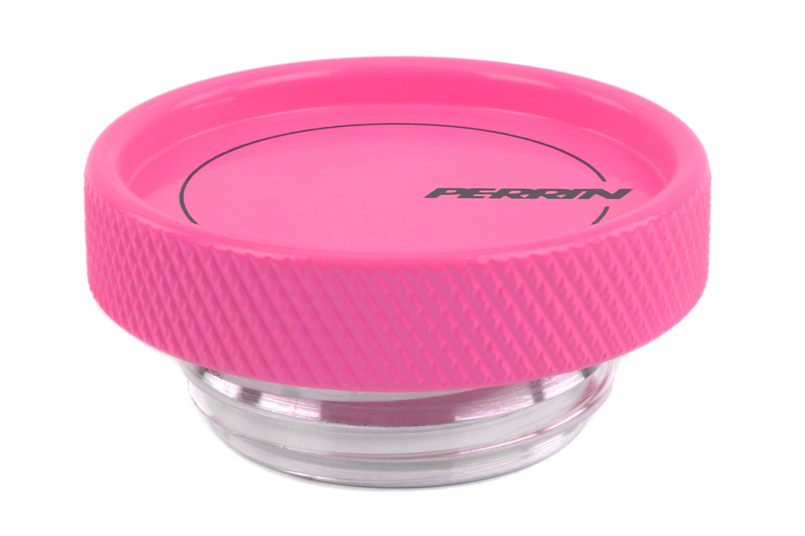 Perrin pink oil fill cap designed for Subaru, Honda, Nissan, and Toyota vehicles, enhancing engine aesthetics and performance.