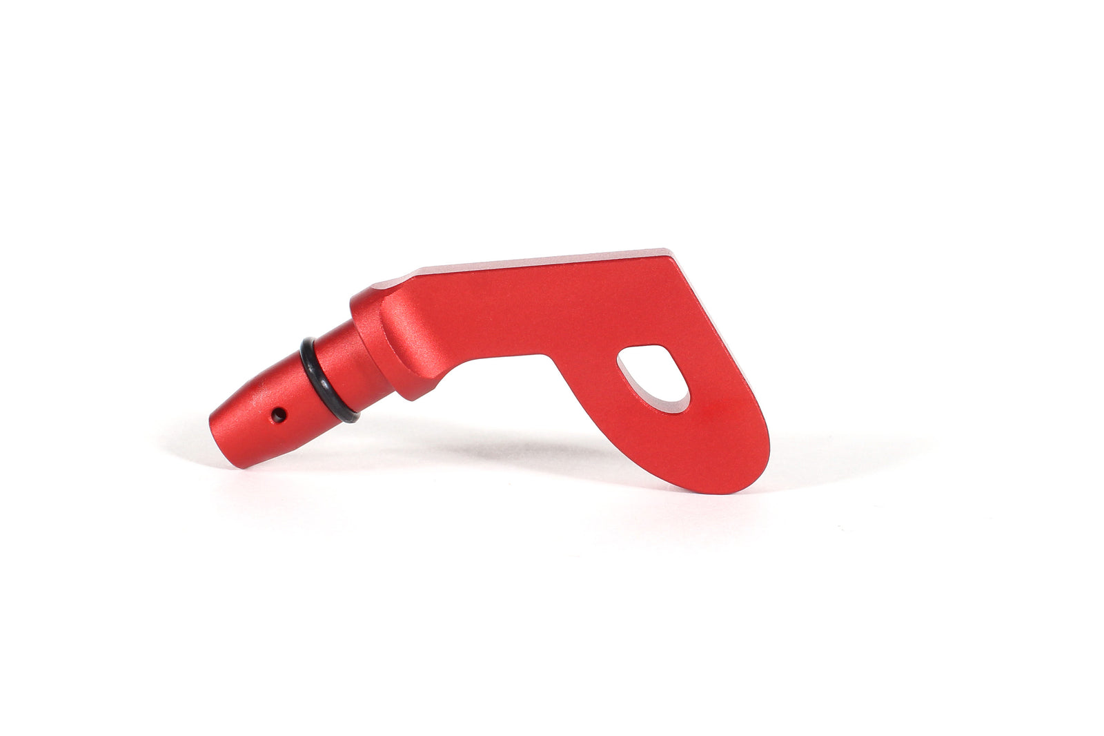 Red P-style dipstick handle designed for easy oil level checks in performance vehicles. Durable and lightweight construction.
