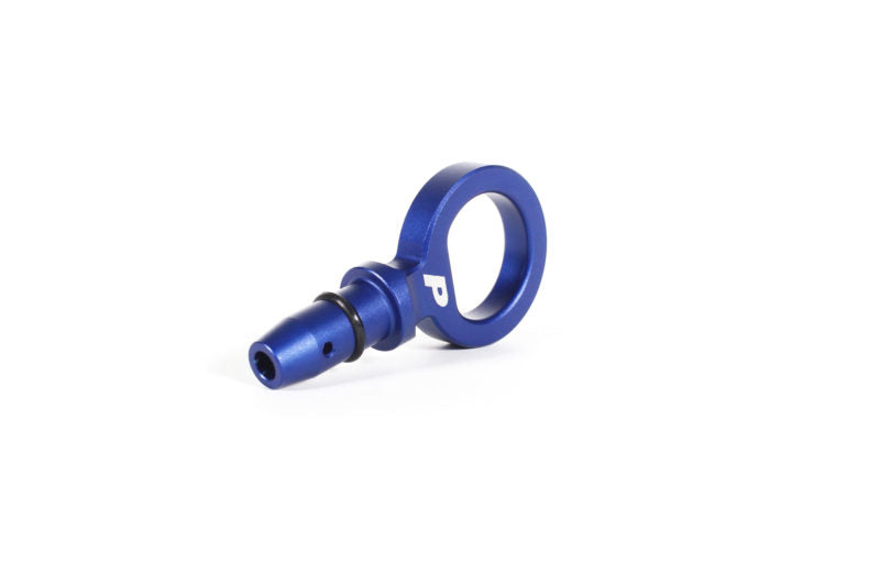 Blue aluminum dipstick handle with a circular loop and a tapered end for easy grip and use.