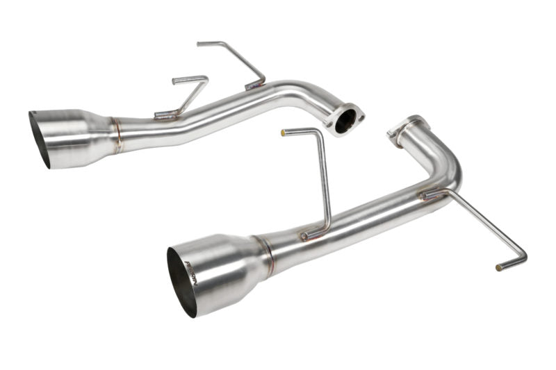 Dual exit axle back exhaust system for WRX/STI, featuring polished stainless steel construction and angled tips.