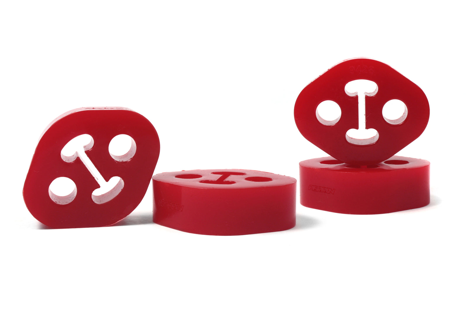 Red exhaust hangers designed for 2002-07 Subaru WRX, STI, Impreza, and Forester for enhanced durability and performance.