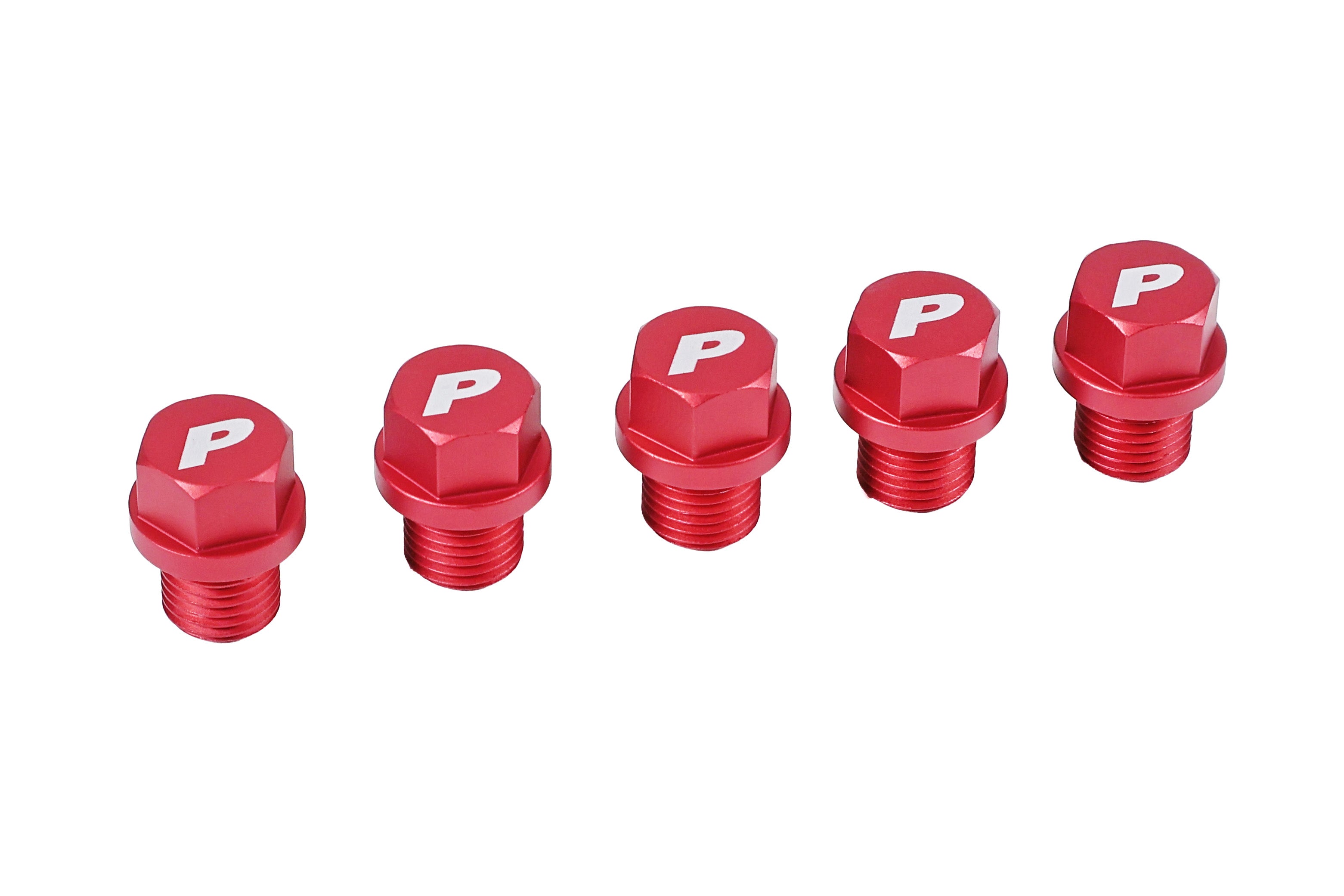 Shifter detent kit for 2004-2021 STI featuring five red aluminum bolts with a logo. Ideal for performance upgrades.