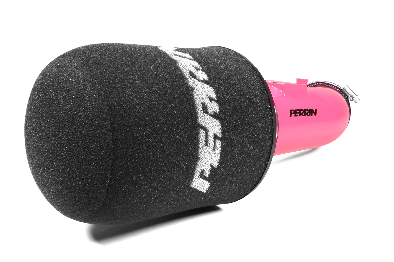 Short ram intake for 2002-2007 WRX and STI, featuring a pink aluminum body and foam filter for enhanced airflow.