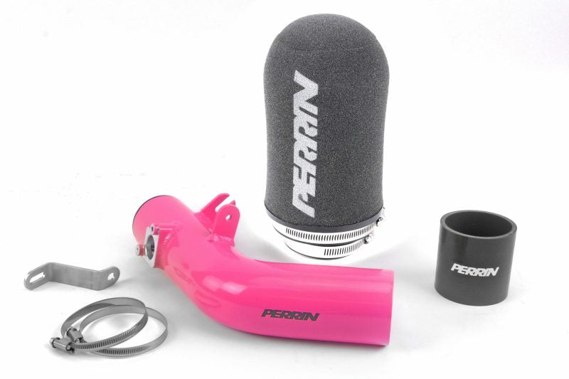 Perrin cold air intake kit for 2016-2017 Subaru STI, featuring a pink intake tube, filter, and installation hardware.