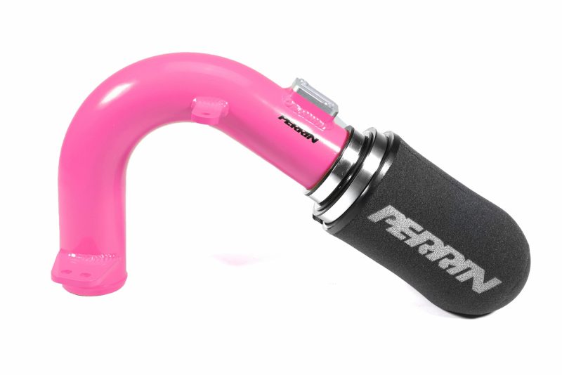 Cold air intake for 2015-2021 WRX featuring a pink intake pipe and black filter, designed for enhanced engine performance.