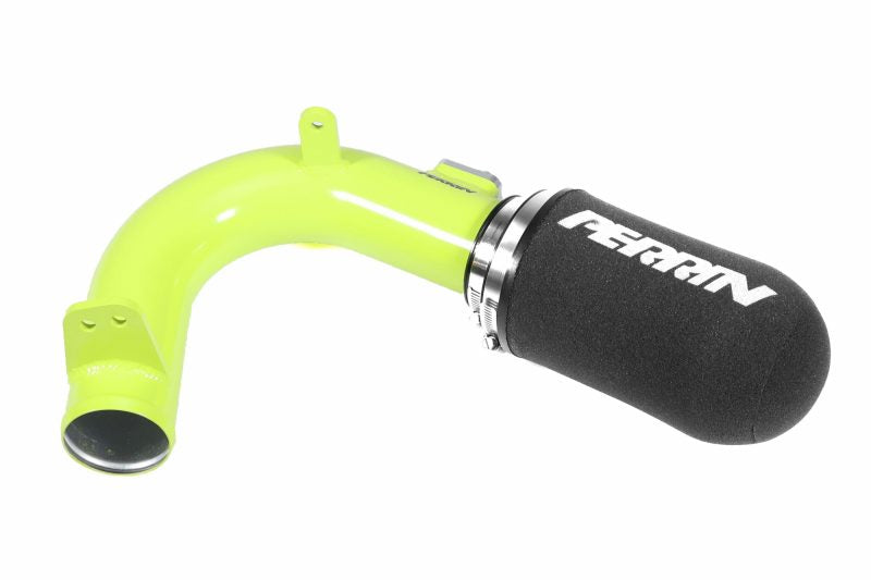 Bright green cold air intake system for 2015-2021 WRX, featuring a black filter and Perrin branding.