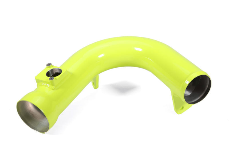 Bright yellow cold air intake pipe designed for 2022-2025 WRX, featuring smooth curves and a polished metal end.