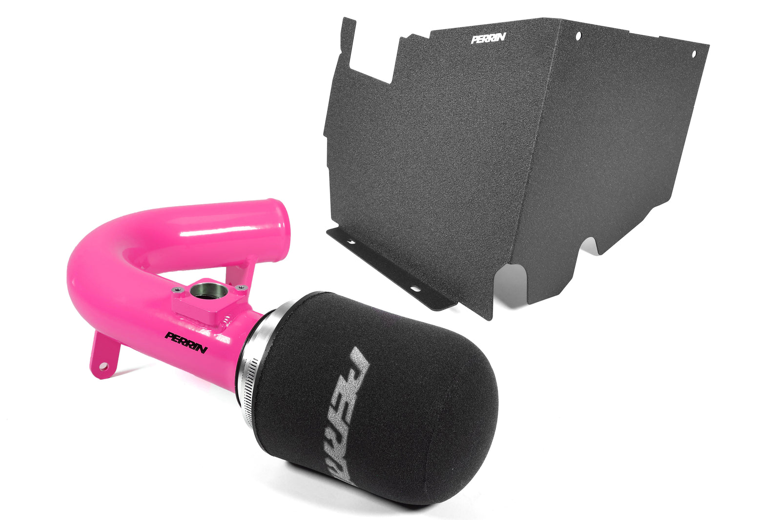 Cold air intake system with heat shield for 2022-2025 WRX, featuring a vibrant pink intake tube and protective cover.