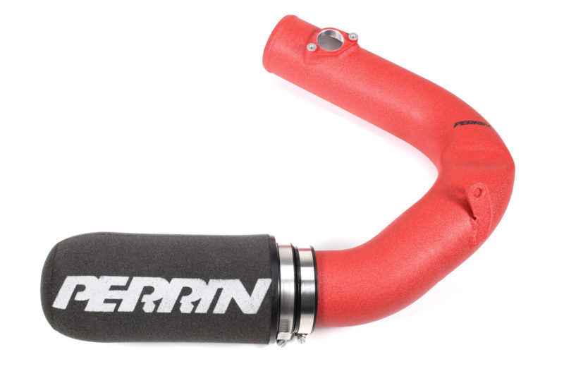Red cold air intake pipe with a black foam filter, designed for 2022-2025 BRZ/GR86 models, featuring the Perrin logo.
