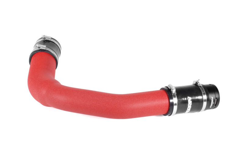 Red silicone charge pipe for Subaru Outback XT and Wilderness, featuring metal clamps on both ends.