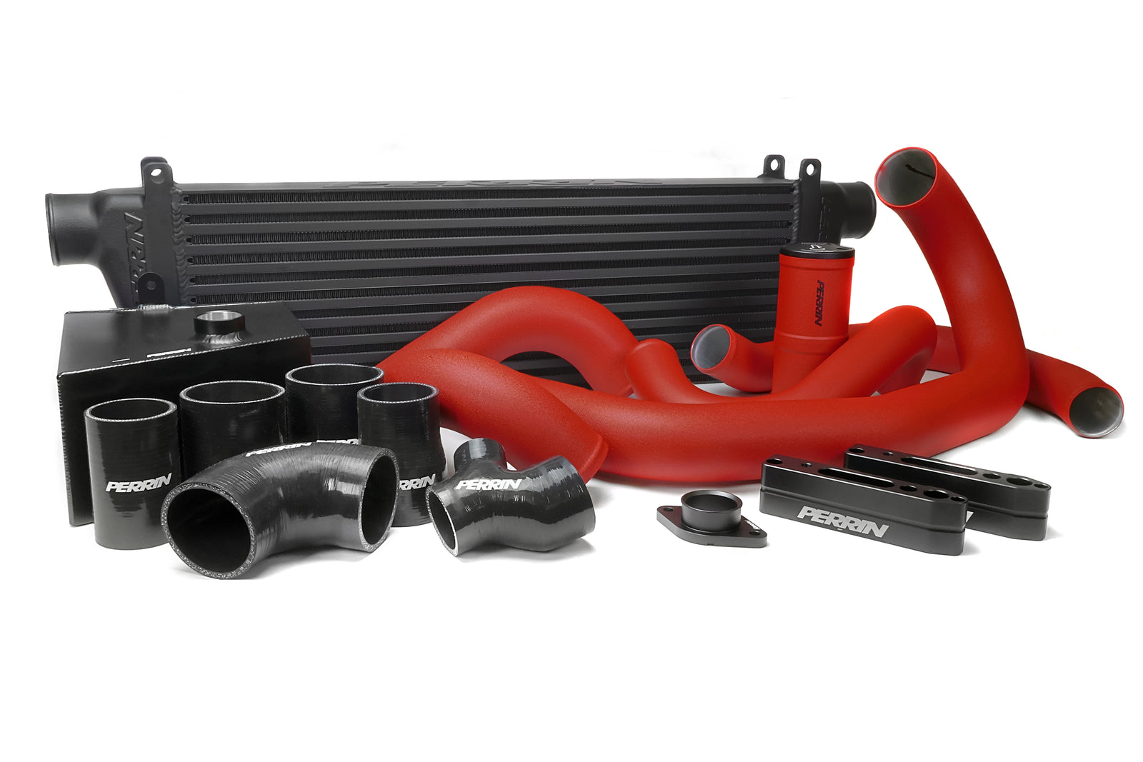 PERRIN Front Mount Intercooler Kit with black core and red piping for 2015-2021 WRX.